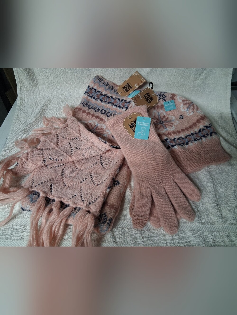 Muk Luks Pink Knit Hat, Scarf & Gloves Set